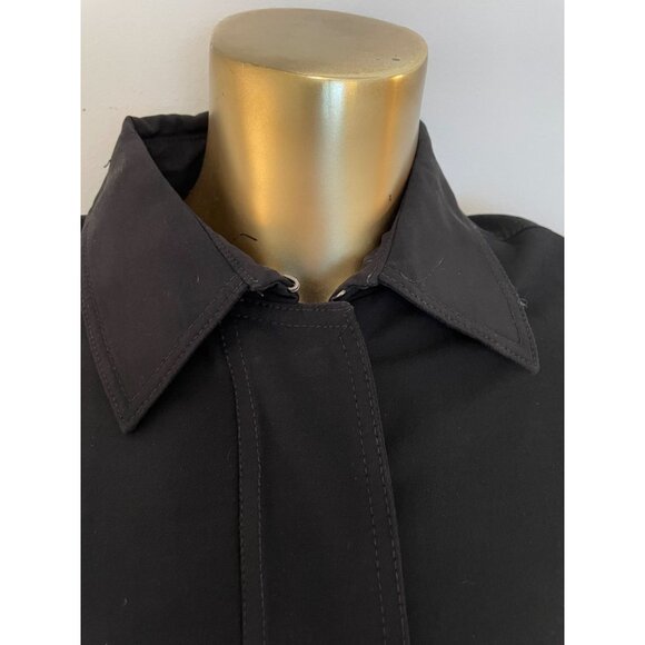 Theory Black Button zip Long Womens Trench Coat Academia Preppy Classic Split M - Picture 5 of 13